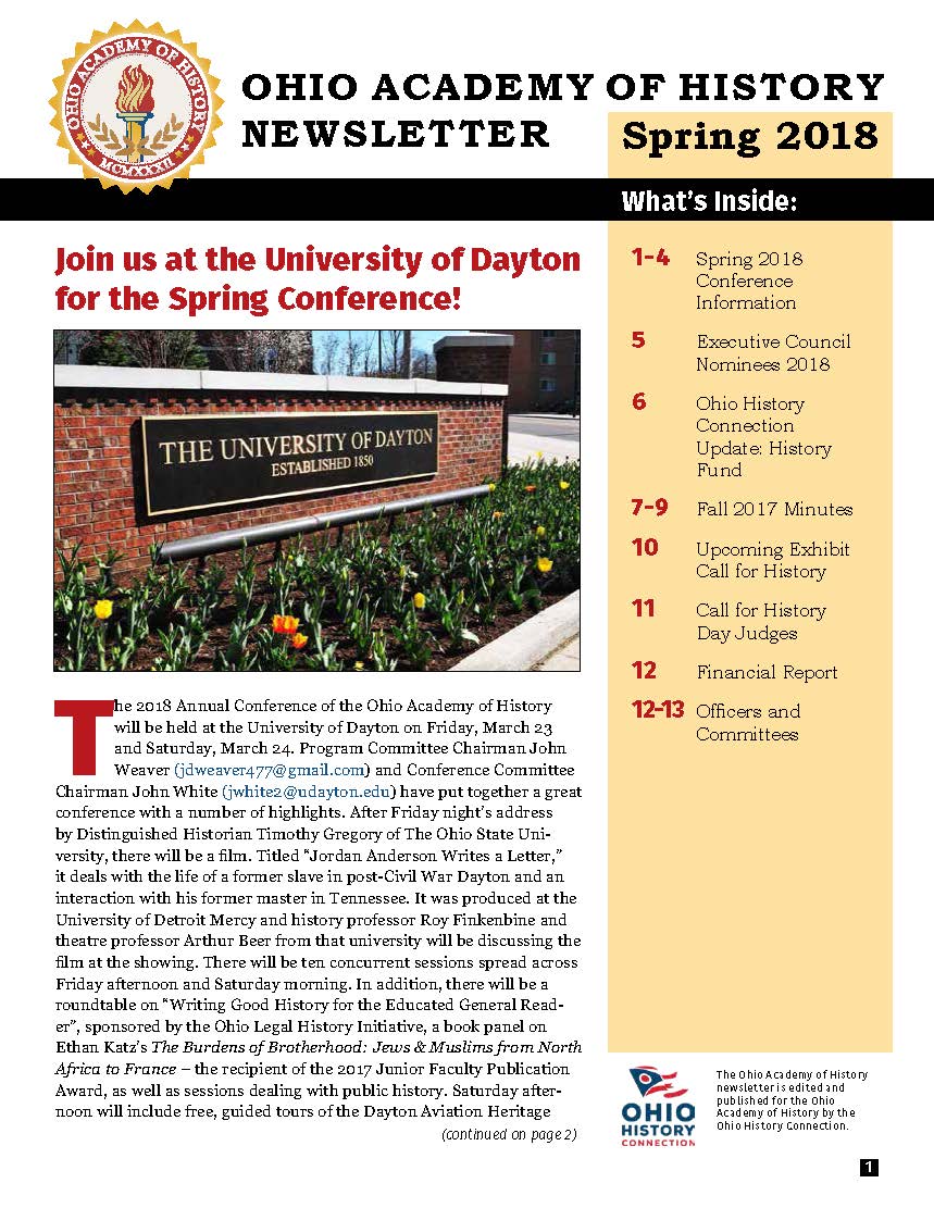 Spring 2018 Newsletter The Ohio Academy Of History